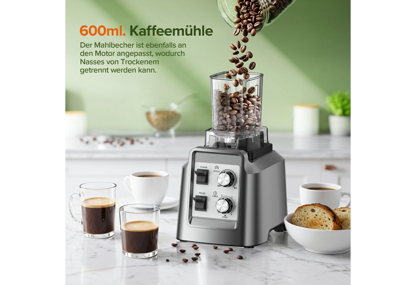 Teendow Standmixer HS-209D Smoothie Maker Mixer Hochleistungsmixer, BPA-frei, 2L, 1800 W, Mahlbare Kaffeebohnen – Bild 4 von 5
