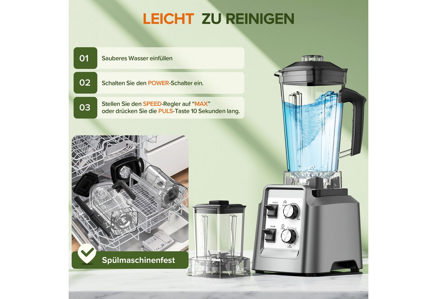 Teendow Standmixer HS-209D Smoothie Maker Mixer Hochleistungsmixer, BPA-frei, 2L, 1800 W, Mahlbare Kaffeebohnen – Bild 5 von 5