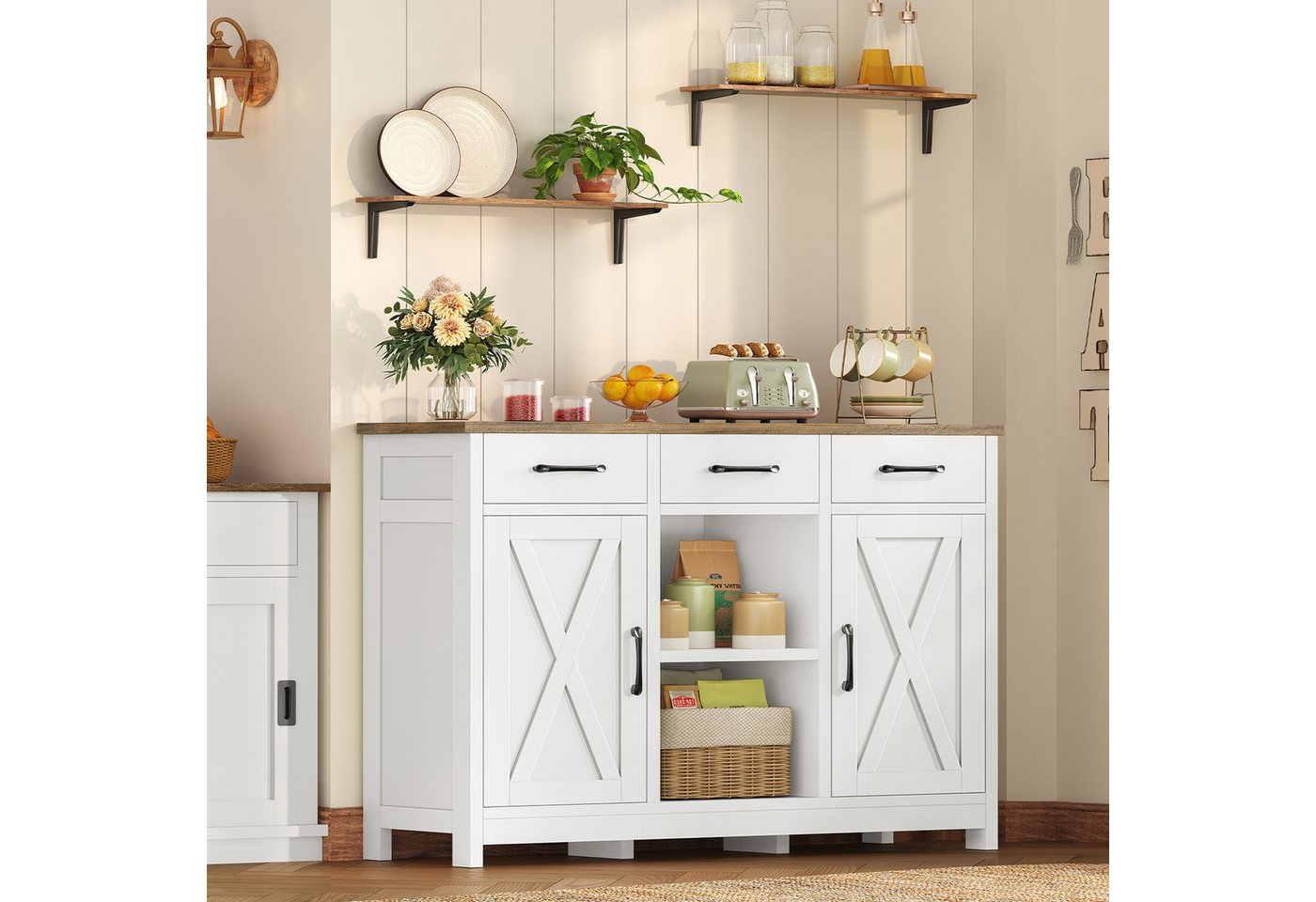 TEENFON Sideboard mit Doppeltüren, drei Schubladen und verstellbaren Einlegeböden (1 St), 90×30×80cm, weiß – Bild 2 von 5