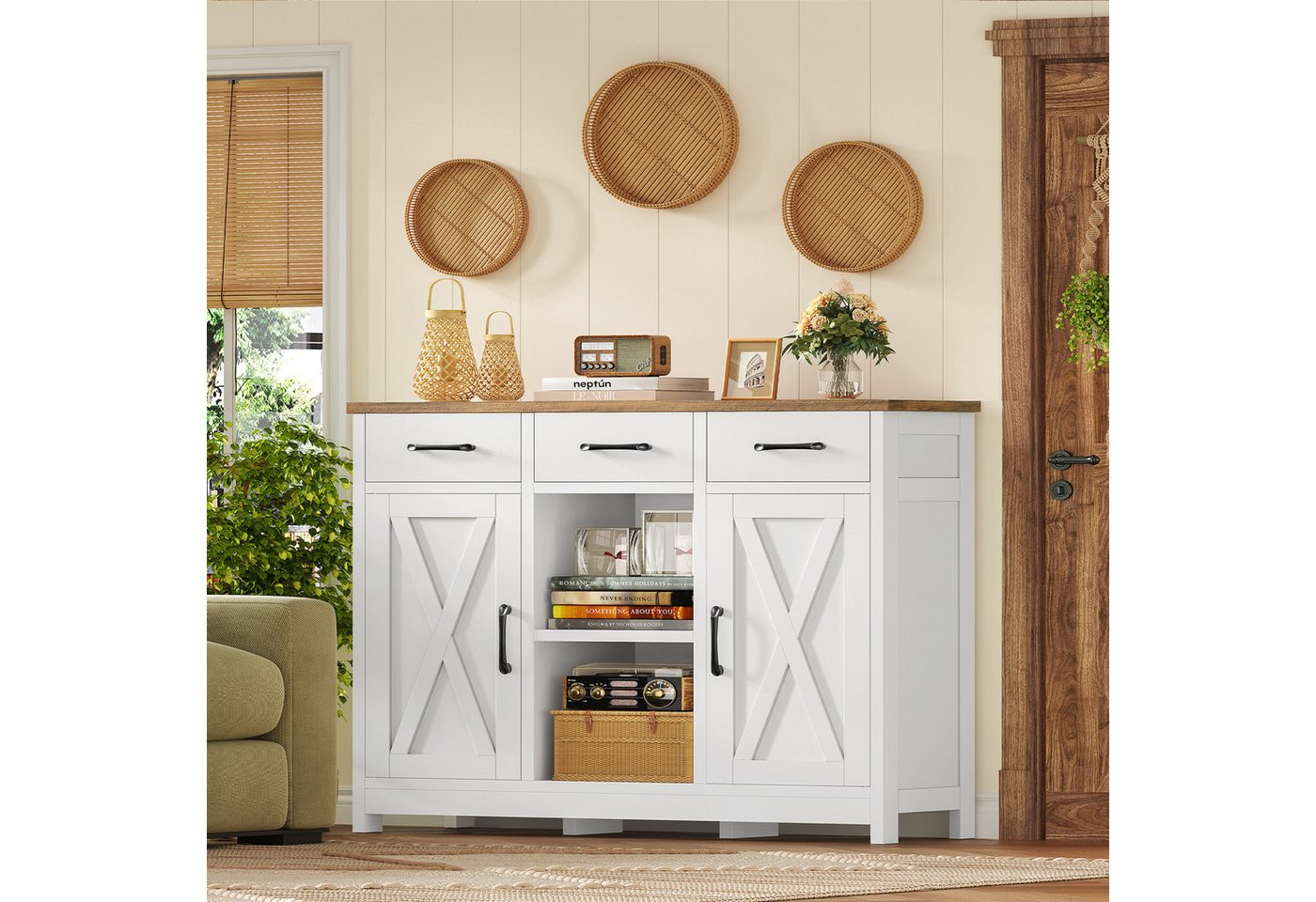 TEENFON Sideboard mit Doppeltüren, drei Schubladen und verstellbaren Einlegeböden (1 St), 90×30×80cm, weiß – Bild 3 von 5