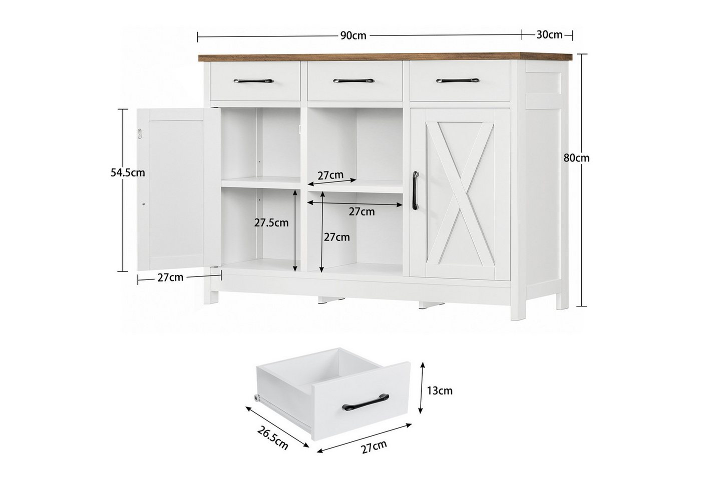 TEENFON Sideboard mit Doppeltüren, drei Schubladen und verstellbaren Einlegeböden (1 St), 90×30×80cm, weiß – Bild 4 von 5