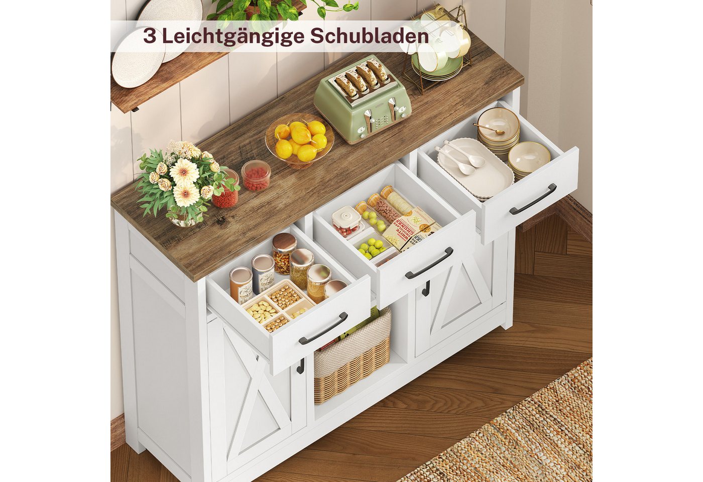 TEENFON Sideboard mit Doppeltüren, drei Schubladen und verstellbaren Einlegeböden (1 St), 90×30×80cm, weiß – Bild 5 von 5