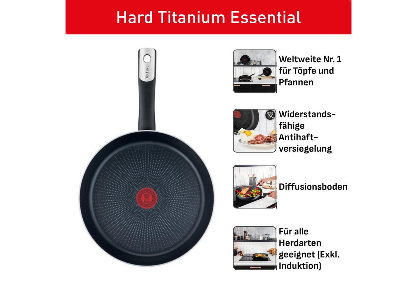 Tefal Bratpfanne Hard Titanium Essential, Titanium Antihaftversiegelung, Aluminium, kompatibel mit Gas-/Elektro-/Keramikherden, nicht induktionsgeeignet – Bild 2 von 5