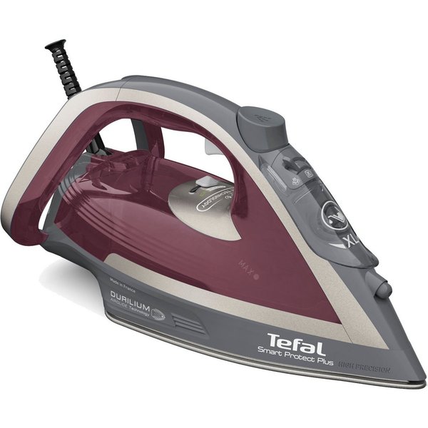 Tefal Dampfbügeleisen Smart Protect Plus, 2800W, 40 g/Min. kontinuierliche Dampfabgabe, 2800 W, automatische Abschaltung, Vertikaldampf, weinrot/grau, FV6870