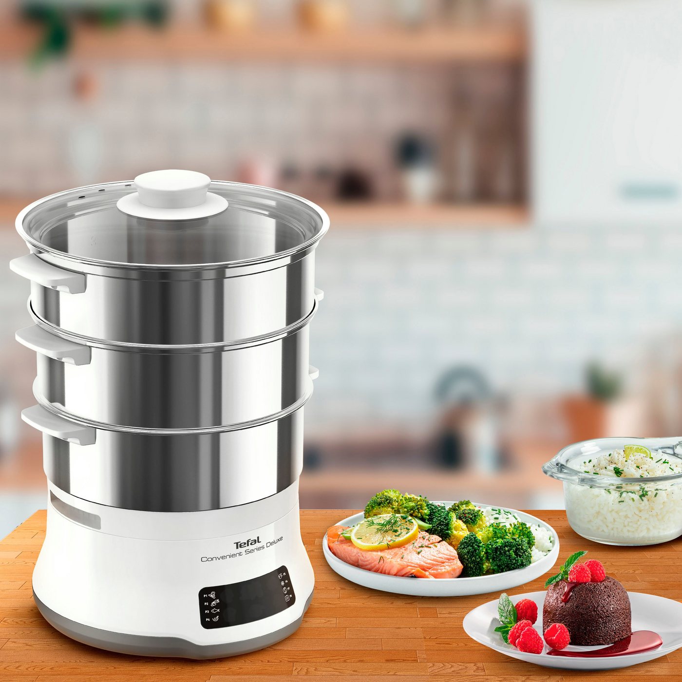 Tefal Dampfgarer Convenient Series Deluxe, 900 W, Touchscreen, 8 Programme,3 Ebenen, Edelstahlbehälter, VC502D – Bild 5 von 5