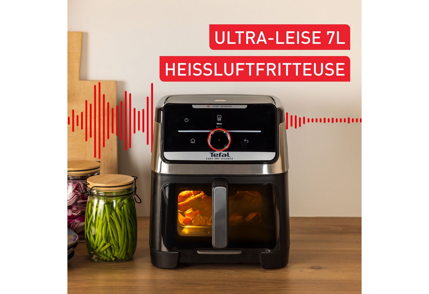 Tefal Heißluftfritteuse Easy Fry Silence, ultra-leise, für bis zu 8 Portionen, Sichtfenster, 1800 W, über 55 voreingestellte Programme, abnehmbares Frontelement – Bild 3 von 5