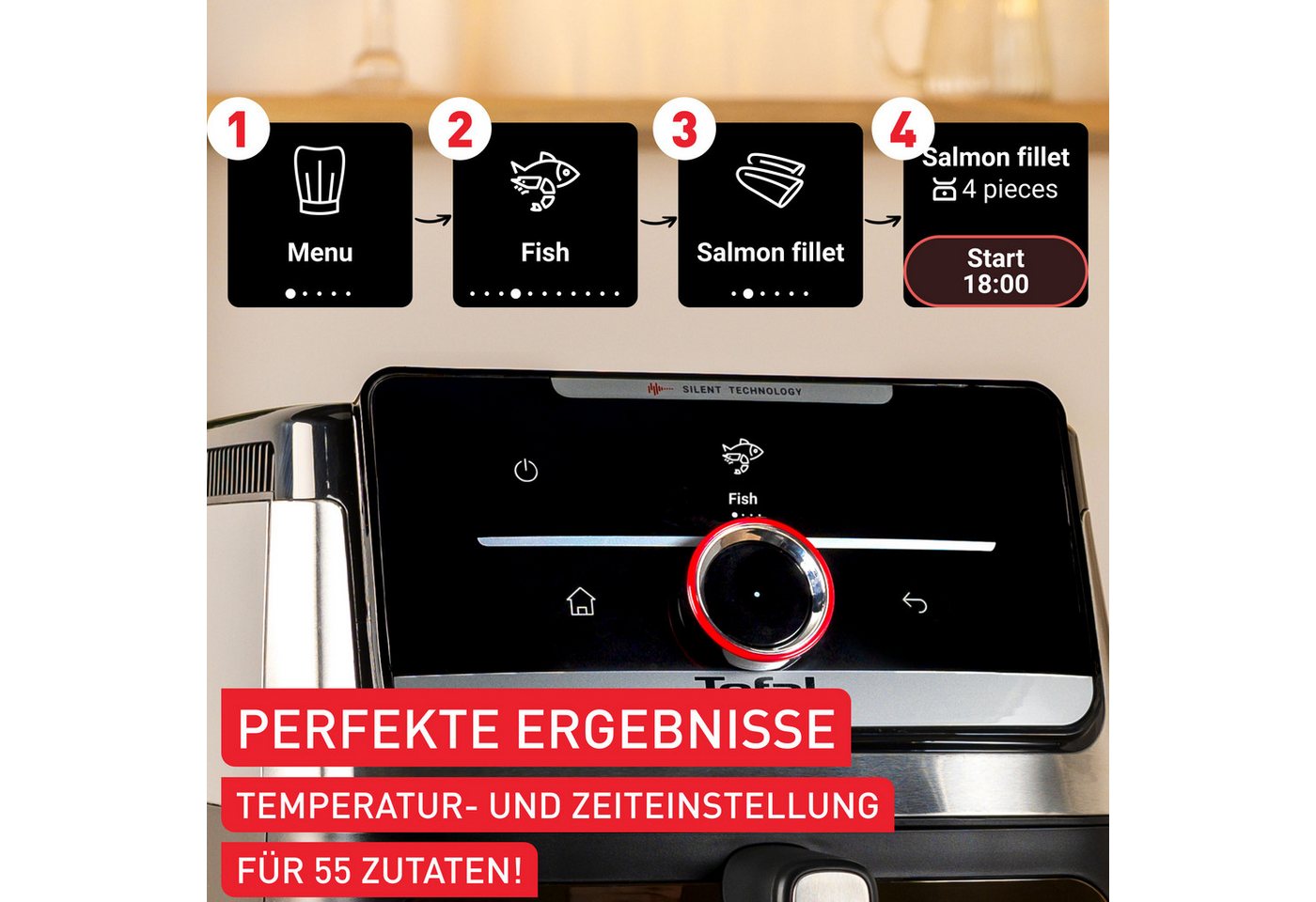 Tefal Heißluftfritteuse Easy Fry Silence, ultra-leise, für bis zu 8 Portionen, Sichtfenster, 1800 W, über 55 voreingestellte Programme, abnehmbares Frontelement – Bild 4 von 5