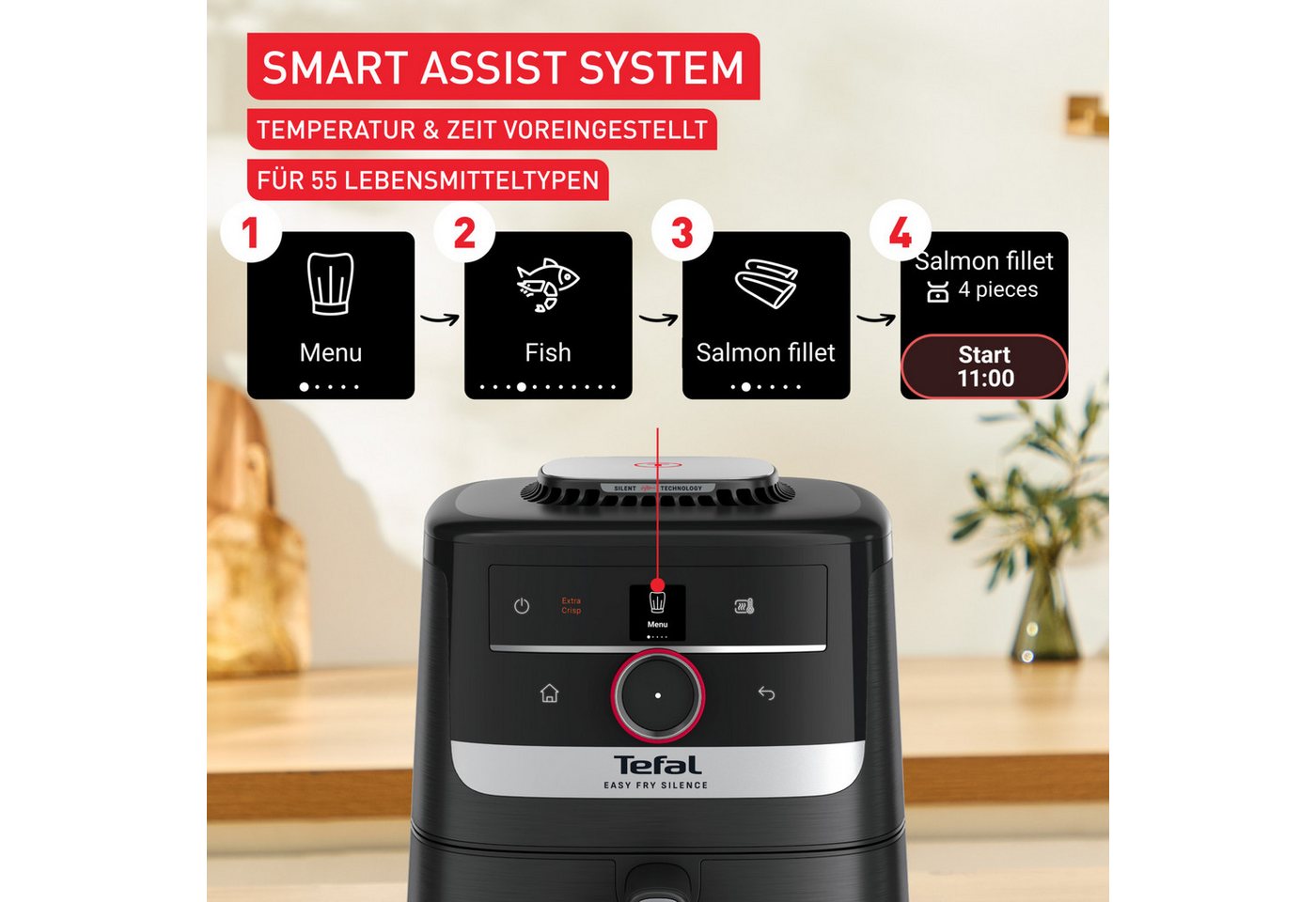Tefal Heißluftfritteuse Easy Fry Smart & Silence, sehr leise danke Silent-Technologie, 1670 W, Smart-Assist System mit 55 Programmen, 40°C bis 220°C, EY5728 – Bild 4 von 5