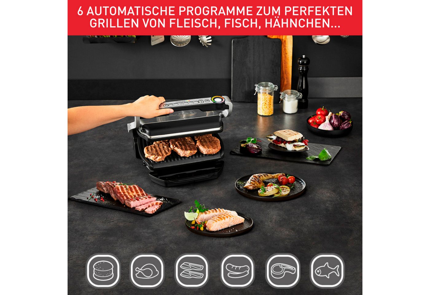 Tefal Kontaktgrill GC714D OptiGrill, 2000 W, + inkl. Snacking & Baking Zubehör – Bild 5 von 5