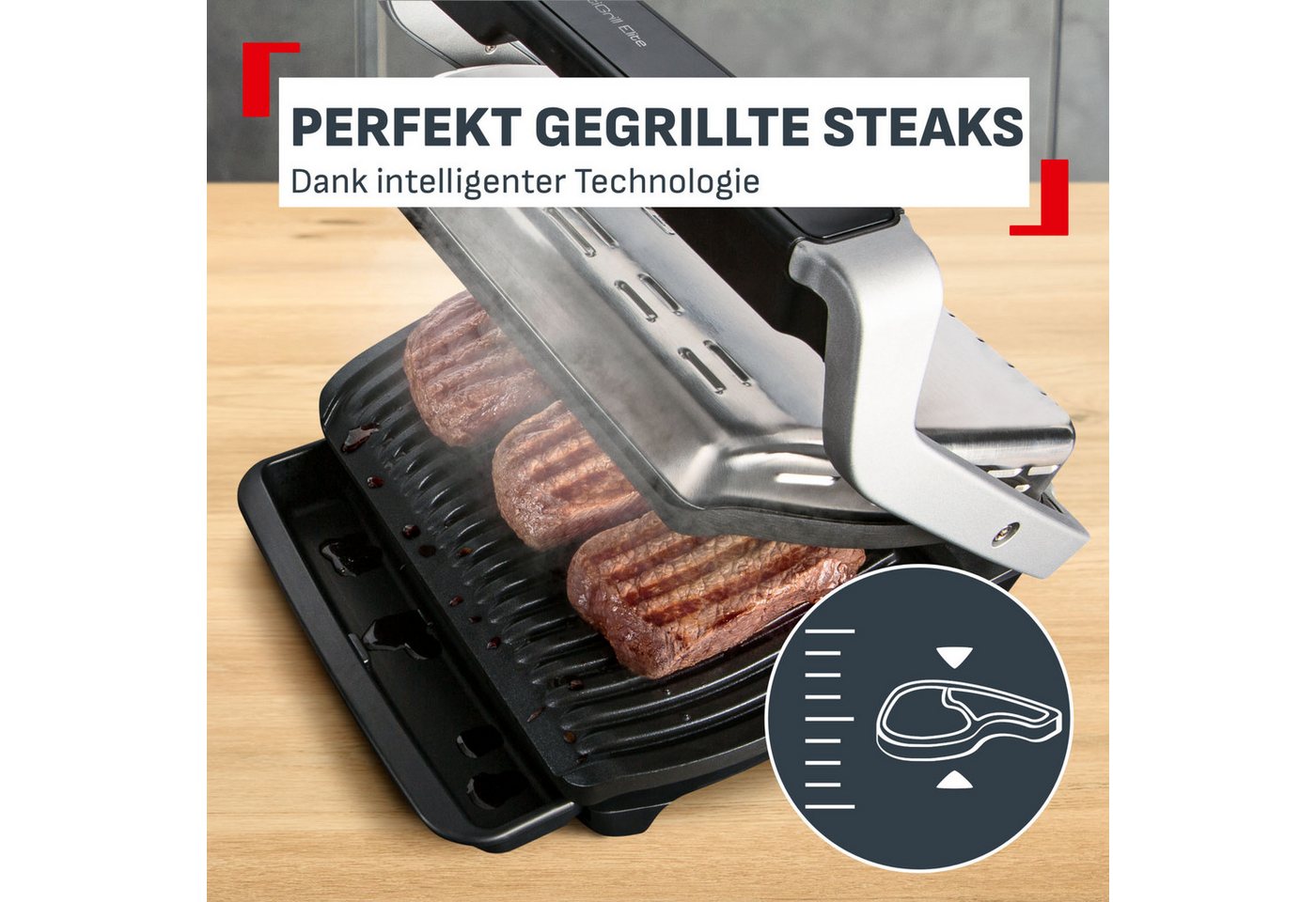 Tefal Kontaktgrill GC750D OptiGrill Elite, 2000 W, 12 Programme, intuitiver Sensor, Grillboost-Funktion, Rezeptbuch App – Bild 3 von 5
