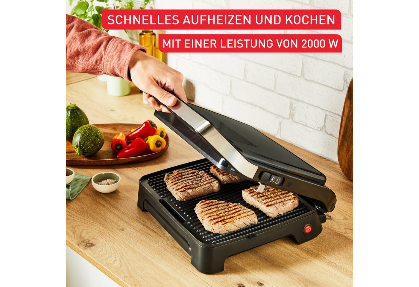 Tefal Kontaktgrill Inicio Classic, 2-in-1 Panini/Grill, antihaftbeschichtete Platten, 2000 W, Platzsparende Aufbewahrung, spülmaschinenfeste Saftschale, GC2718 – Bild 4 von 5