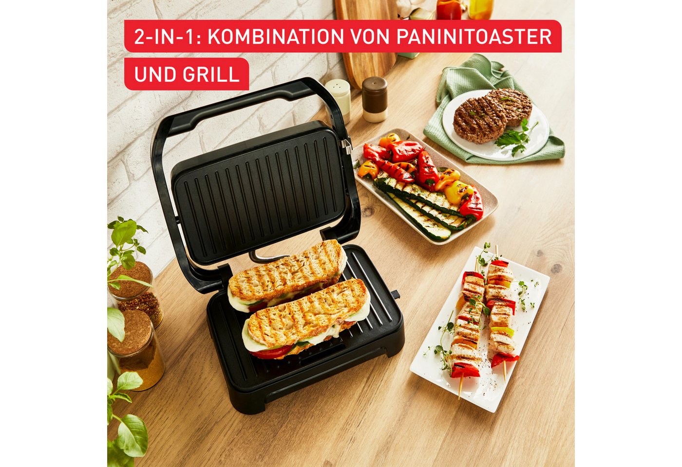 Tefal Kontaktgrill Inicio Compact, 2-in-1 Panini /Grill, antihaftbeschichtetete Platten, 1000 W, Platzsparendes Design, spülmaschinengeeignete Saftschale, GC270 – Bild 3 von 5