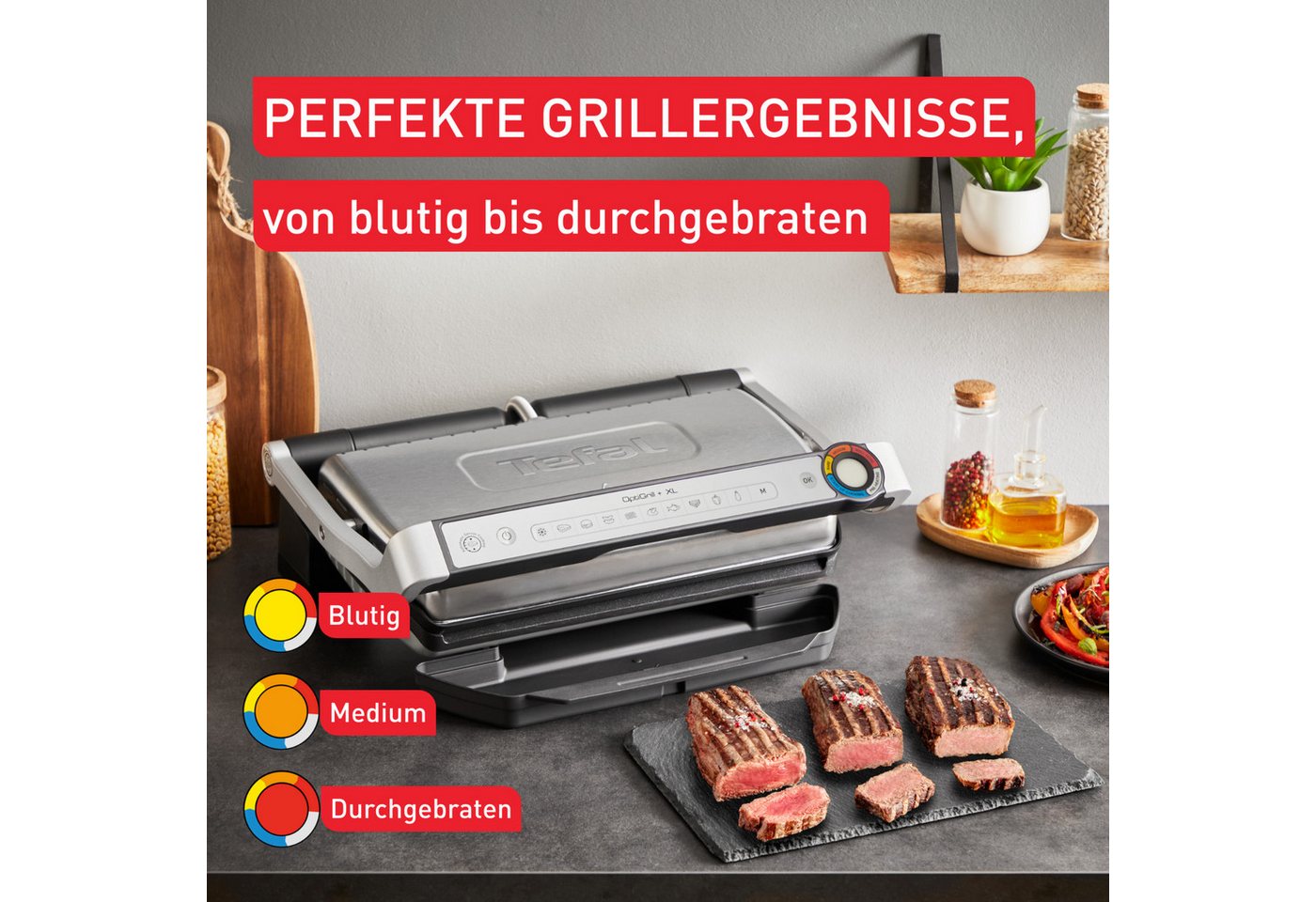 Tefal Kontaktgrill OptiGrill + XL, erneuerte Kochstufenanzeige, 9 automatische Programme, 2000 W, manuelles Programm, spülmaschinengeeignete Platten GC727D – Bild 3 von 5