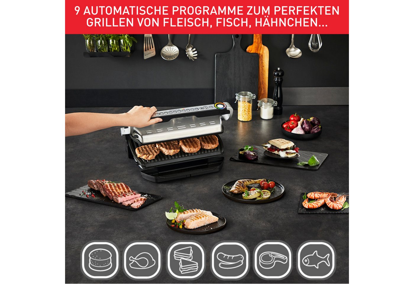 Tefal Kontaktgrill OptiGrill+ XL inkl. Backschale, manueller Modus mit 4 Temperaturen, 2000 W, 9 automatische Kochprogramme, spülmaschinengeeignete Platten, GC7 – Bild 4 von 5