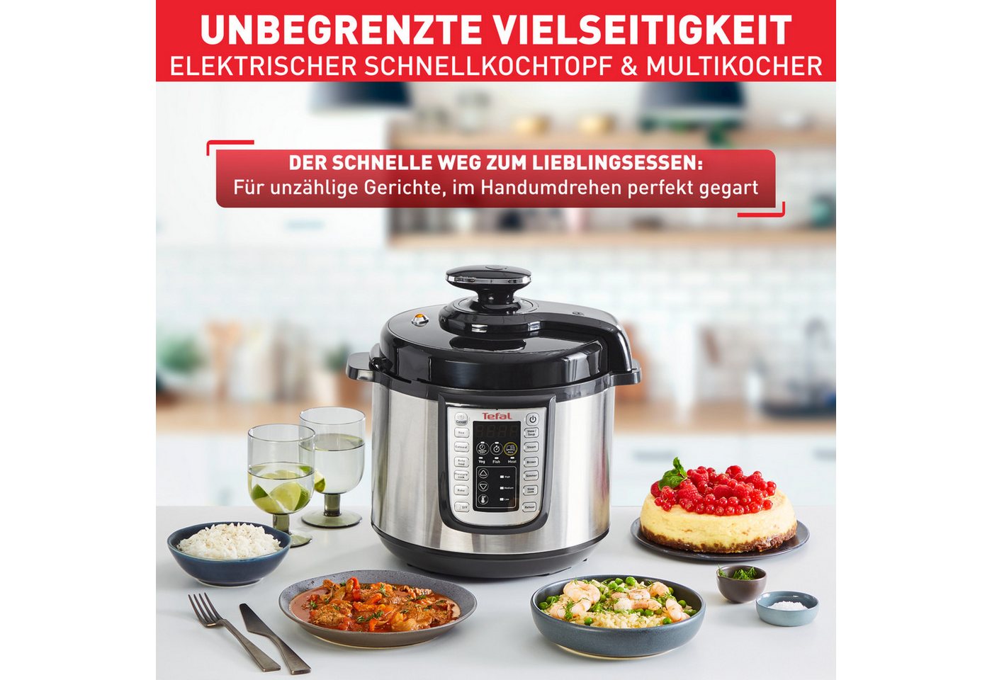 Tefal Multikocher Fast & Delicious inkl. Reislöffel, Untersetzer, Messbecher & Rezepten, 1200 W, 6 l Schüssel, Schnellkochtopf/ Heißluftfritteuse, 25 automatisc – Bild 3 von 5