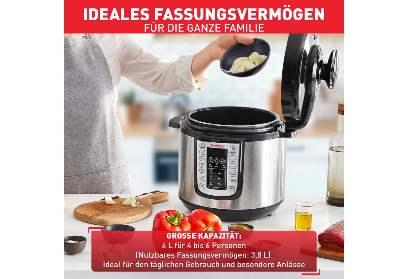Tefal Multikocher Fast & Delicious inkl. Reislöffel, Untersetzer, Messbecher & Rezepten, 1200 W, 6 l Schüssel, Schnellkochtopf/ Heißluftfritteuse, 25 automatisc – Bild 4 von 5
