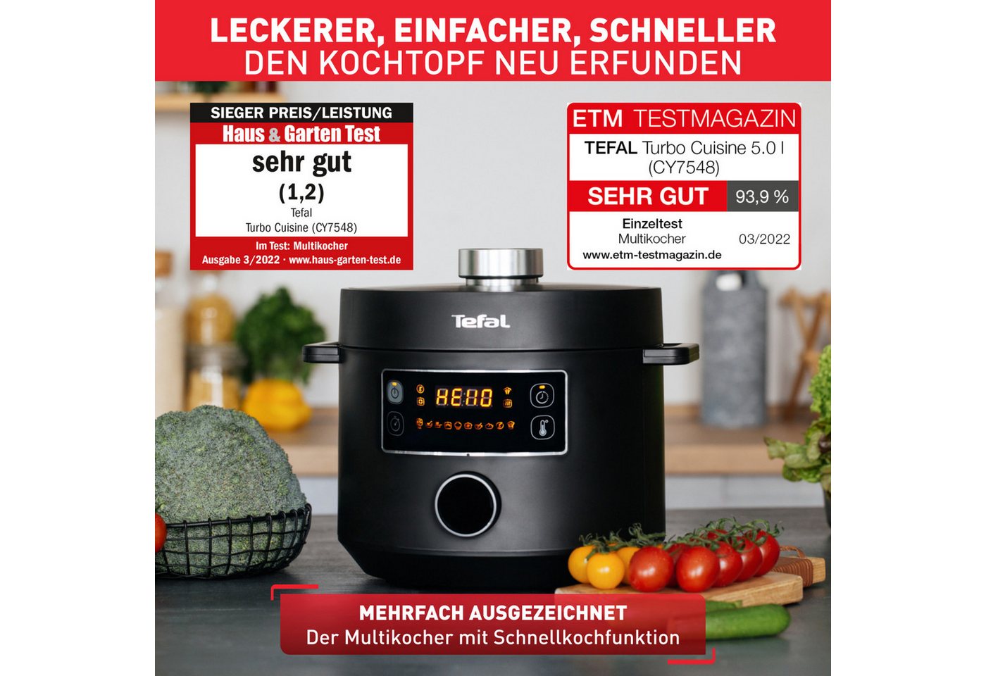 Tefal Multikocher Turbo Cuisine inkl. Dampfgareinsatz, Messbecher, Reislöffel und Kelle, 1000 W, 5 l Schüssel, elektr. Schnellkochtopf, 10 aut. Programme, 1-Kno – Bild 2 von 5