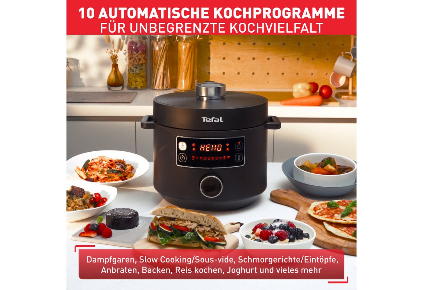 Tefal Multikocher Turbo Cuisine inkl. Dampfgareinsatz, Messbecher, Reislöffel und Kelle, 1000 W, 5 l Schüssel, elektr. Schnellkochtopf, 10 aut. Programme, 1-Kno – Bild 4 von 5
