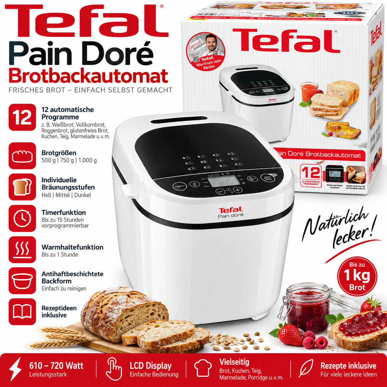 Tefal PF210115 Pain Doré Brotbackautomat 12 Programme 1kg 720W