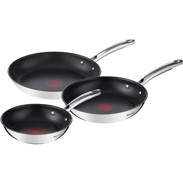 Tefal Pfannen-Set Duetto+, langlebige Antihaftversiegelung, Thermo-Signal, Edelstahl (Set, 3-tlg., 3x Bratpfannen Ø 20/24/28 cm), Edelstahl-Griff, Induktionspfa