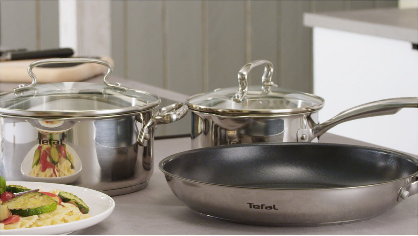 Tefal Pfannen-Set Duetto+, langlebige Antihaftversiegelung, Thermo-Signal, Edelstahl (Set, 3-tlg., 3x Bratpfannen Ø 20/24/28 cm), Edelstahl-Griff, Induktionspfa – Bild 4 von 5