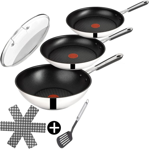 Tefal Pfannen-Set Jamie Oliver E76 Pfannenset 24,28cm + Wok 28cm + Deckel, Edelstahl 18/10 (Pfanne, Bratpfannen Set, Pfannenset, Wok, Wokpfanne, Pfannen + 1 Wen