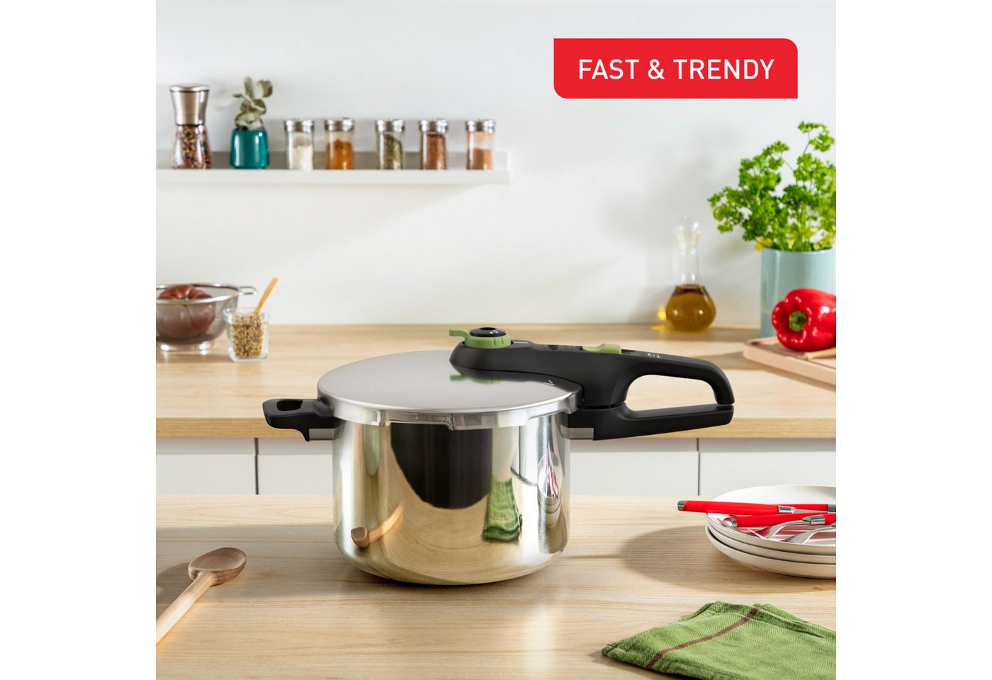 Tefal Schnellkochtopf Secure Trendy, Edelstahl (1-tlg), Dampfkochtopf, Garregler,Sicherheitsvorrichtung,Korbeinsatz, Induktion – Bild 3 von 5