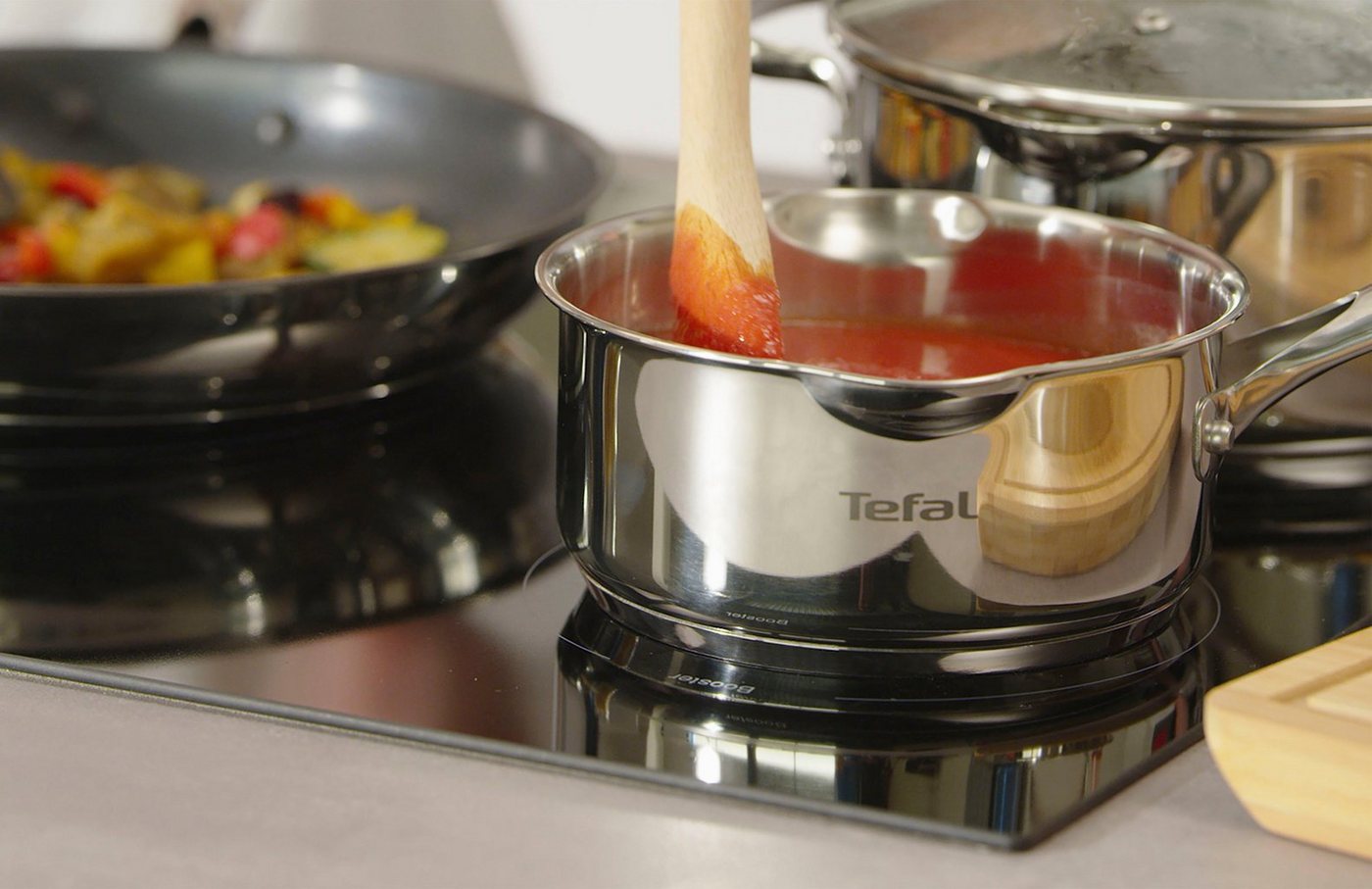 Tefal Topf-Set Duetto+ G719S7, Edelstahl 18/10 (Set, 7-tlg., Kochtopf mit Glasdeckel 16/20/24 cm, Stielkasserolle 16 cm), hochwertiger Edelstahl, hochglanzpolie – Bild 3 von 4