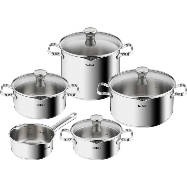 Tefal Topf-Set Duetto Induktion, robust und hochwertig, Induktions Töpfe Set, Edelstahl (Set, 9-tlg., 1x Stielkasserolle 16 cm, je 1 Kochtopf mit Deckel 18/20/2