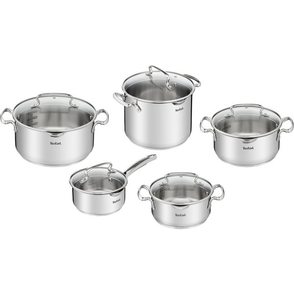 Tefal Topf-Set Duetto+, Kochtopf Set mit Glasdeckel, Edelstahl (Set, 10-tlg., Stieltopf 16 cm, Schmortöpfe 18/20/24 cm, Suppentopf 22 cm), Abgießdeckel, integri