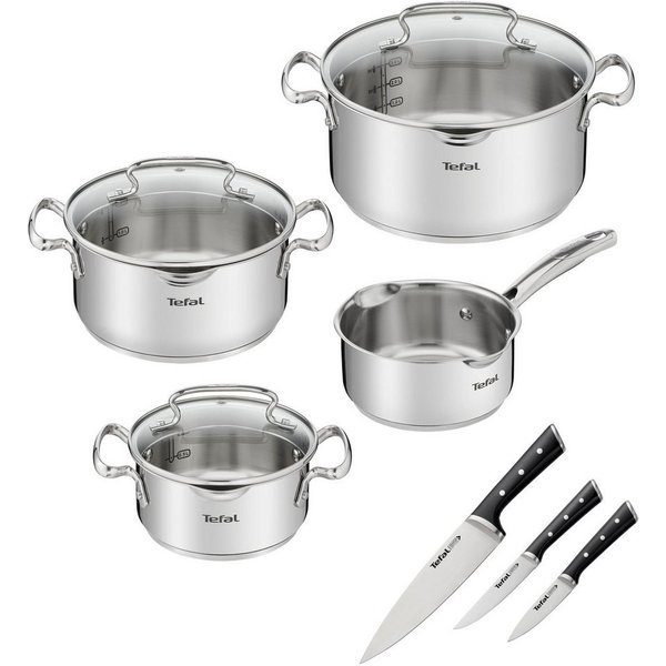 Tefal Topf-Set G719S7_K2323S74 Duetto+ Ice Force, Edelstahl (Set, 10-tlg., Kasserolle 16 cm, Töpfe mit Deckel 16/20/24 cm), rostfreier Edelstahl, Deckel m. Abgi
