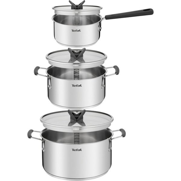 Tefal Topf-Set G7376S Opti'Space, Edelstahl (Set, 6-tlg., Stielkasserolle 16 cm, Kochtopf 20/24 cm, je mit Deckel), Thermo-Fusion-Boden, für alle Herdarten inkl