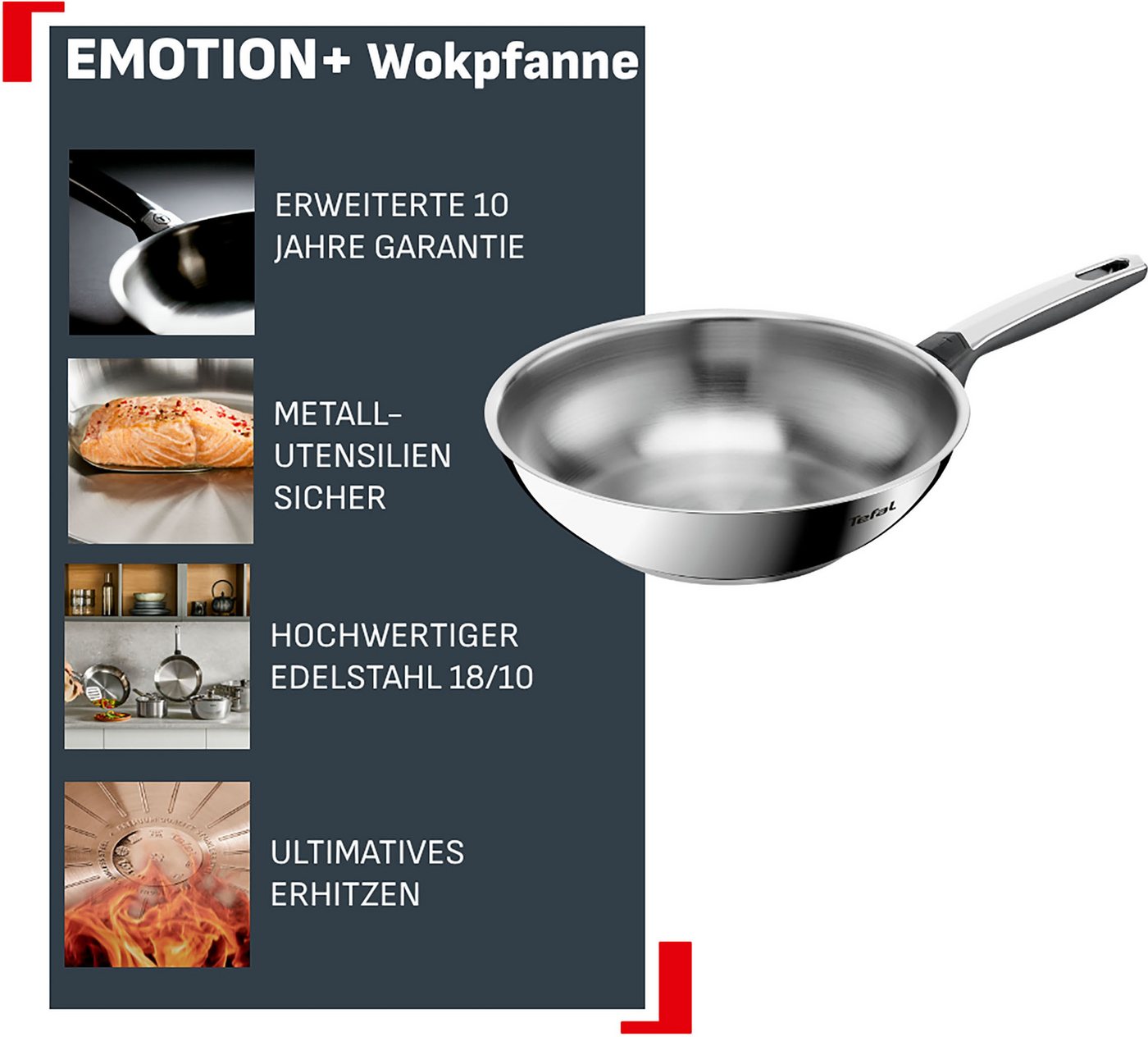 Tefal Wok Emotion+, Edelstahl (1-tlg), Premium Edelstahl, Induktion, spülmaschinenfest, hochglanzpoliert – Bild 3 von 5