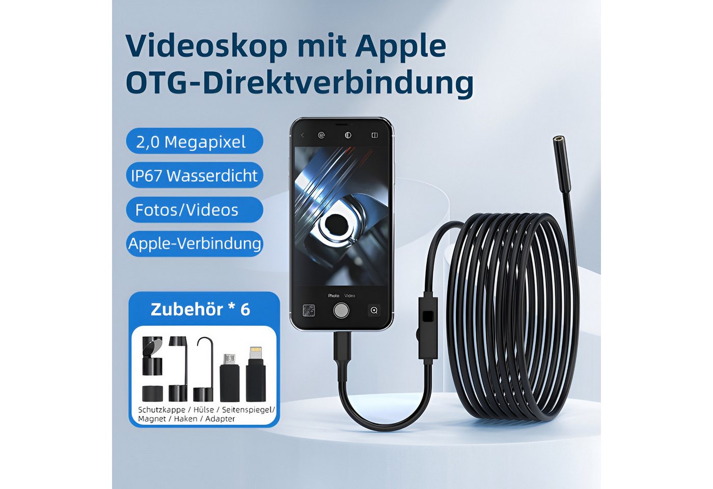 Tekoo HD Endoskopkamera für iPhone & Android, Handy Endoskop Kamera, IP67 Inspektionskamera (Full HD, 1x opt. Zoom) – Bild 2 von 5