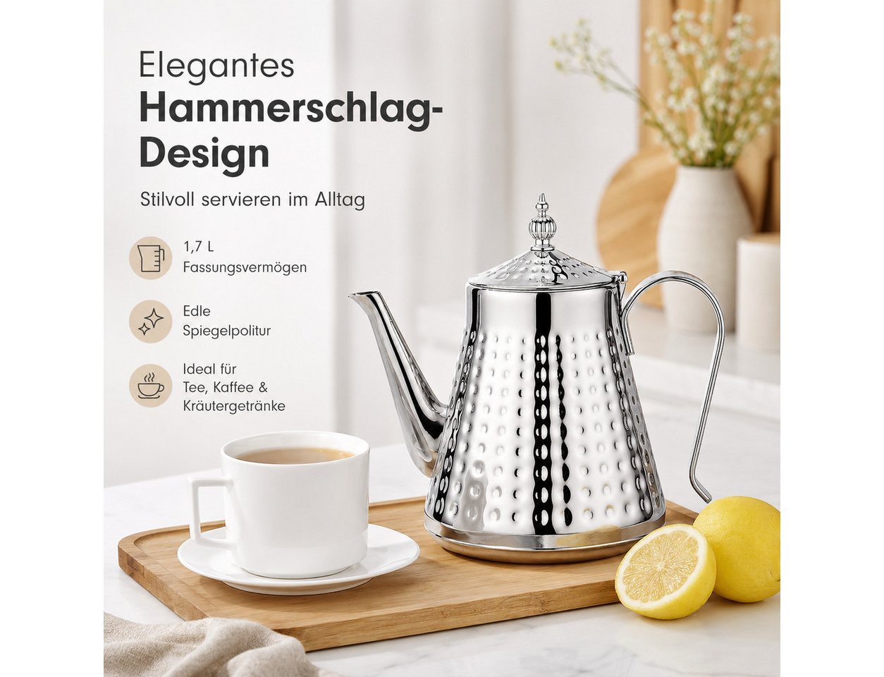 Tekoo Teekanne Edelstahl Siebeinsatz 1700ml, Induktions-Wasserkessel mit Hammerschlag, Induktionsgeeignet, herausnehmbares Sieb, Hammerschlag, rostfrei – Bild 2 von 5