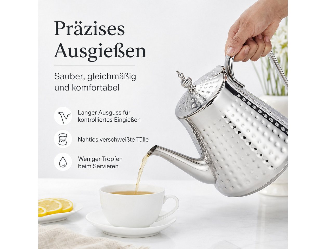 Tekoo Teekanne Edelstahl Siebeinsatz 1700ml, Induktions-Wasserkessel mit Hammerschlag, Induktionsgeeignet, herausnehmbares Sieb, Hammerschlag, rostfrei – Bild 3 von 5