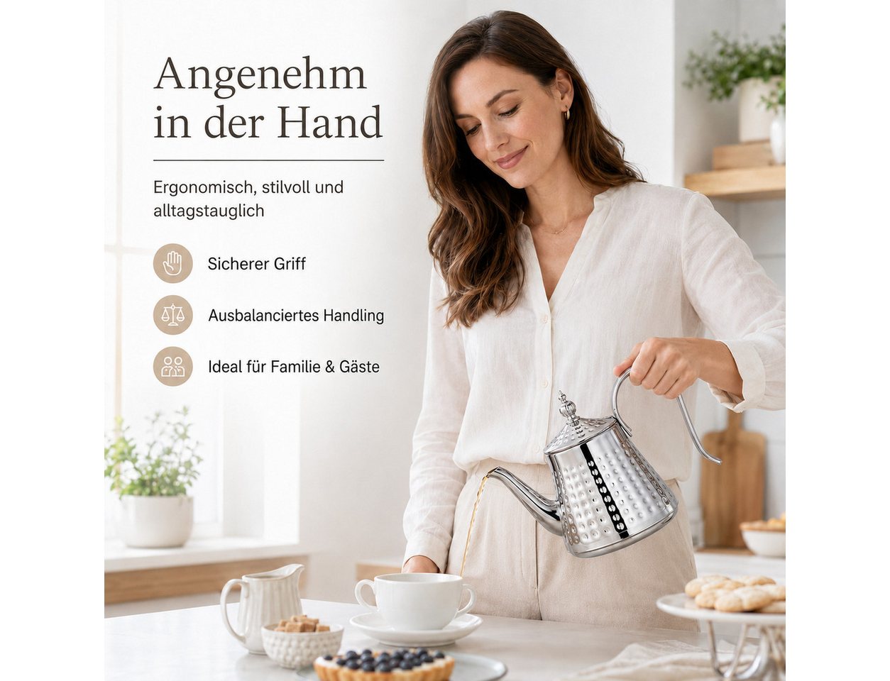 Tekoo Teekanne Edelstahl Siebeinsatz 1700ml, Induktions-Wasserkessel mit Hammerschlag, Induktionsgeeignet, herausnehmbares Sieb, Hammerschlag, rostfrei – Bild 4 von 5