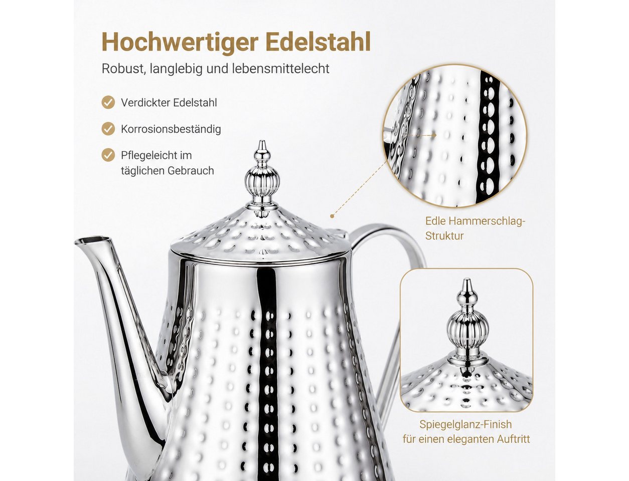 Tekoo Teekanne Edelstahl Siebeinsatz 1700ml, Induktions-Wasserkessel mit Hammerschlag, Induktionsgeeignet, herausnehmbares Sieb, Hammerschlag, rostfrei – Bild 5 von 5