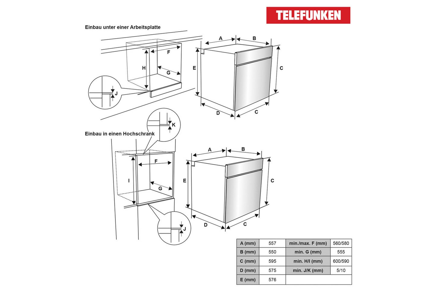 Telefunken Einbaubackofen B-OV-75-A-I, Backofen autark ohne Kochfeld, 60 cm, 73 Liter, 5 Funktionen, schwarz – Bild 4 von 5