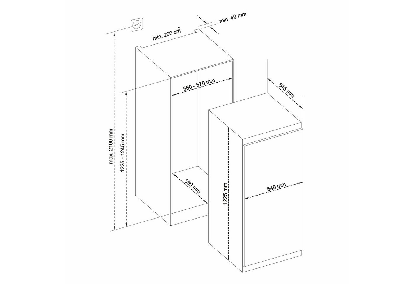 Telefunken Einbaukühlschrank EK123S200E, 122.5 cm hoch, 54 cm breit, 193 Liter Inhalt, Ohne Gefrierfach, 122cm Nische, Schlepptürtechnik – Bild 3 von 5