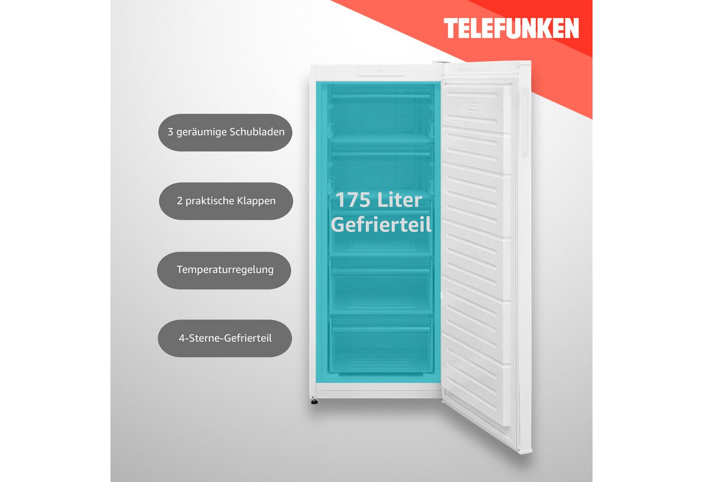 Telefunken Gefrierschrank F-GS-145-E-W, 145.5 cm hoch, 54 cm breit, 175 Liter Nutzinhalt, großer Tiefkühlschrank, Freezer, freistehend – Bild 4 von 5