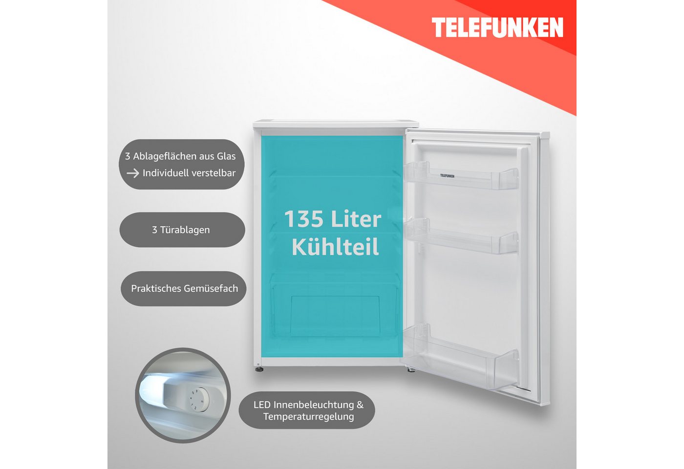 Telefunken Kühlschrank C-135-100-W, 83.8 cm hoch, 54 cm breit, 135 Liter Nutzinhalt, ohne Gefrierfach, klein, freistehend – Bild 3 von 5