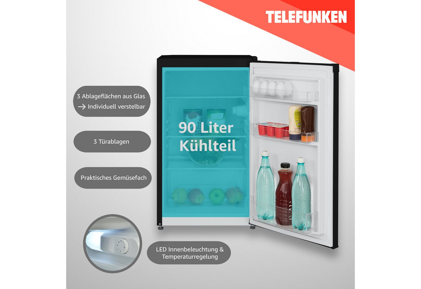 Telefunken Kühlschrank CF-31-121-B, 82.1 cm hoch, 48 cm breit, Ohne Gefrierfach, Freistehend, 90 Liter Nutzinhalt, Klein, Schwarz – Bild 3 von 5