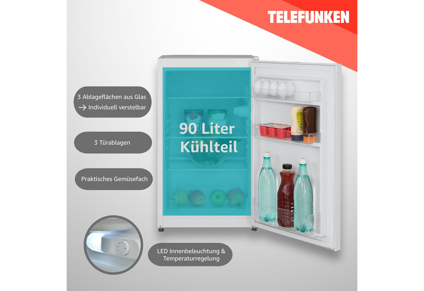 Telefunken Kühlschrank CF-31-121-W, 82.1 cm hoch, 48 cm breit, Ohne Gefrierfach, Freistehend, 90 Liter Nutzinhalt, Klein, Weiß – Bild 3 von 5