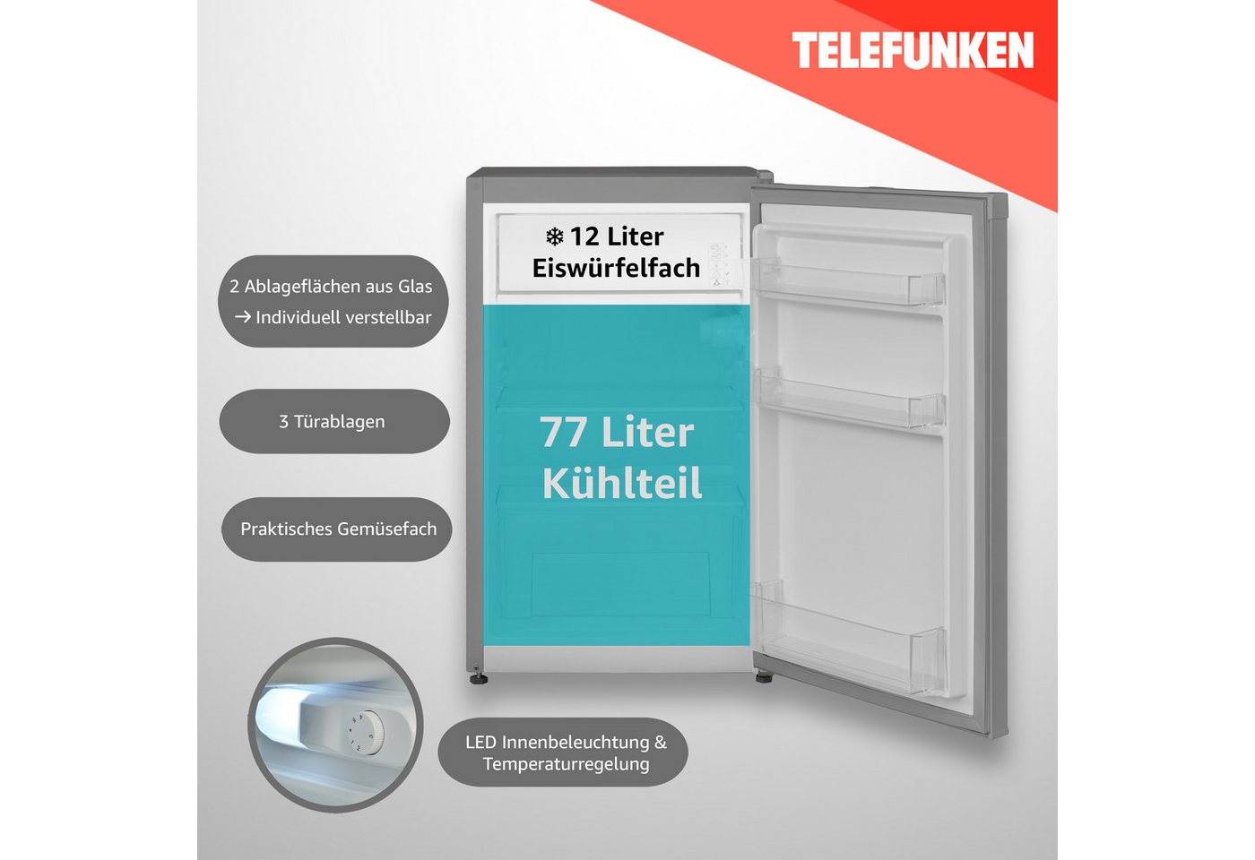 Telefunken Kühlschrank CF-33-101-S2, 82.1 cm hoch, 48 cm breit, 89 Liter, mit Gefrierfach (nur für Eiswürfel), klein und freistehend – Bild 2 von 5