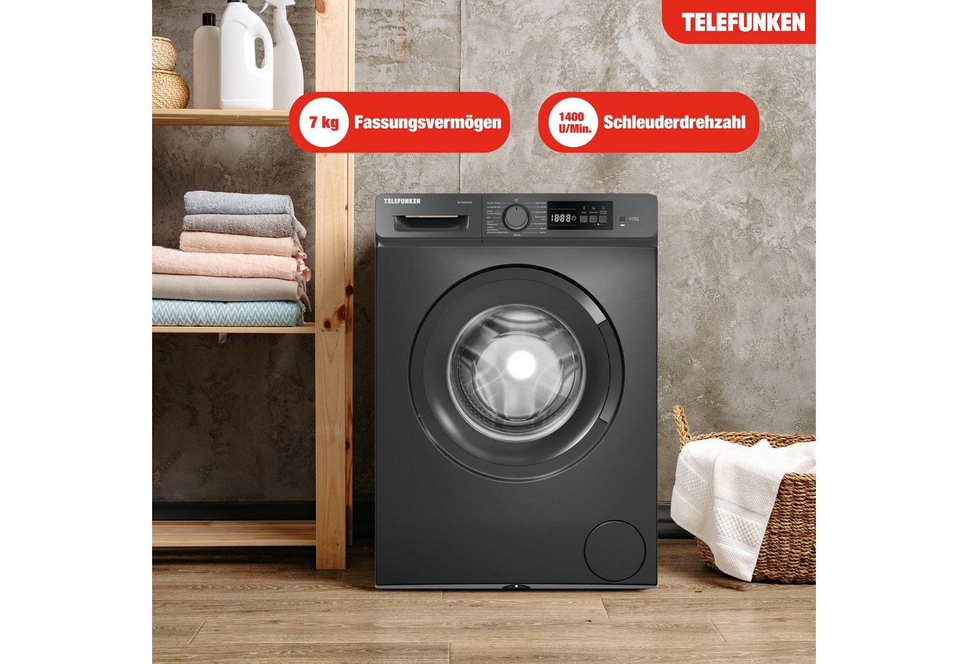Telefunken Waschmaschine W714AS1DI, 7 kg, 1400 U/min, Frontlader, Inverter Motor, AquaStop, 7kg, leise, effizient, dark inox – Bild 2 von 5