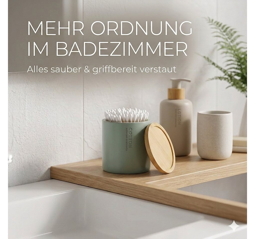 TENDANCE Wattestäbchenspender Wattedose Wattepadspender Kosmetikdose Wattebehälter Polyresin/Bambus – Bild 2 von 5