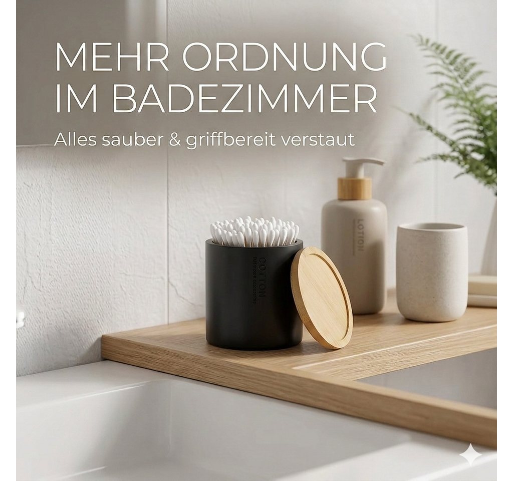 TENDANCE Wattestäbchenspender Wattedose Wattepadspender Kosmetikdose Wattebehälter Polyresin/Bambus – Bild 4 von 5