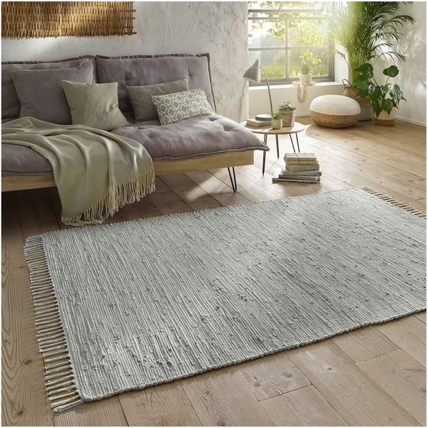 TaraCarpet Teppich Flickenteppich TaraCarpet Sylt mit Fransen, rechteckig, Höhe: 5 mm, Wohnzimmer Schlafzimmer Küchenteppich grau 070x140