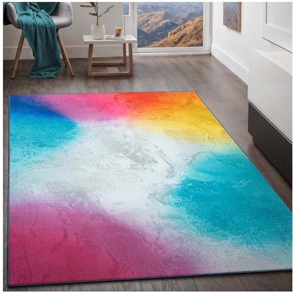TaraCarpet Teppich Kurzflorteppich TaraCarpet Rainbow moderner Teppich in Regenbogenfarbe, rechteckig, Höhe: 14 mm, Marmoriert in Regenbogenfarben auch für das 